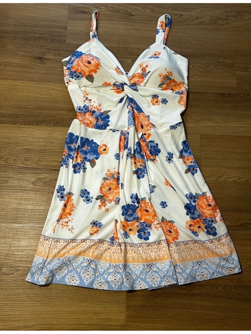 Derek Heart Floral Sundress Women’s Juniors XL Ivory Orange Blue Twist Front